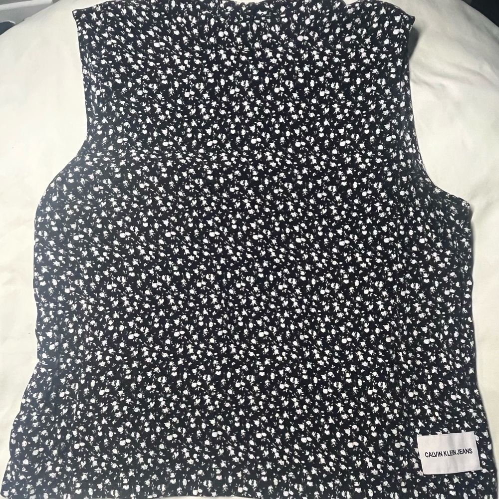 Calvin Klein Black and White Mock Neck Blouse